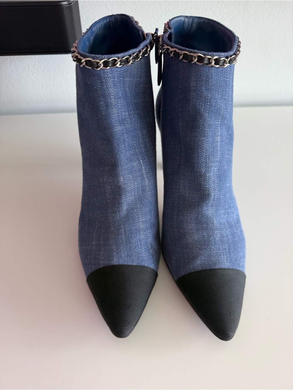 Chanel Blue Denim Fabric with Black and silver Chain
Short Heeled Bootie💙